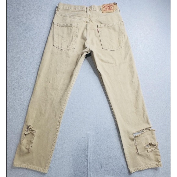 Levis 501 Jeans Mens 32x32 Khaki Straight Leg Distressed Button Fly 100% Cotton